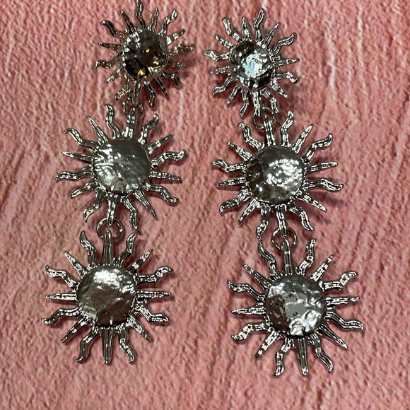 Silver Triple Sun Dangle Earrings - Picture 11 of 12